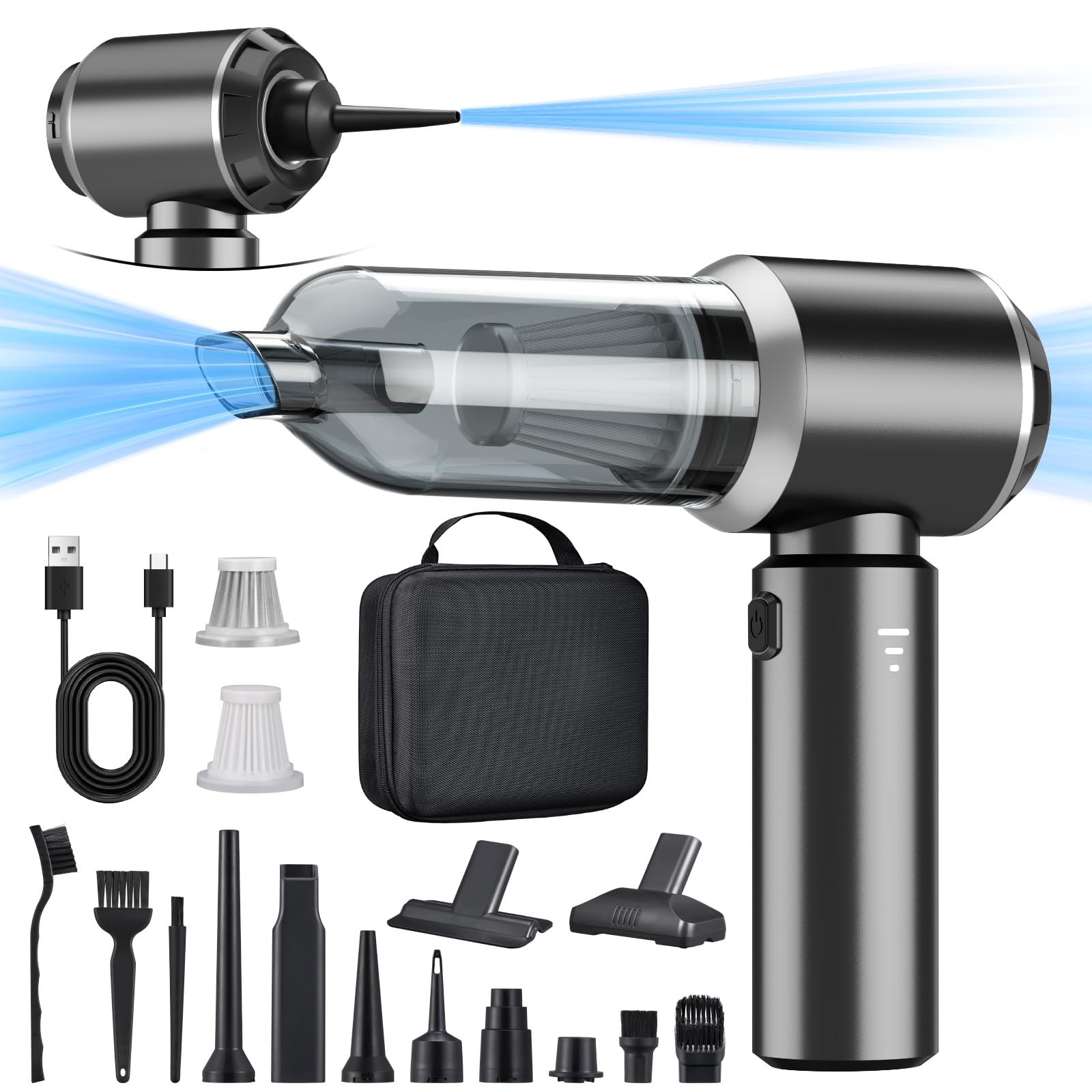 2-in-1 Handstaubsauger Akku,18000PA Handstaubsauger Kabellos,Auto Staubsauger Stark,3-Gang 200000 U/min Elektrische Staubgeblase Druckluftspray fur Auto, Kuche,PC, Sofa, Buro, Haus&Tierhaar Reinigung Silber Grau Angebot bei HelloDeals