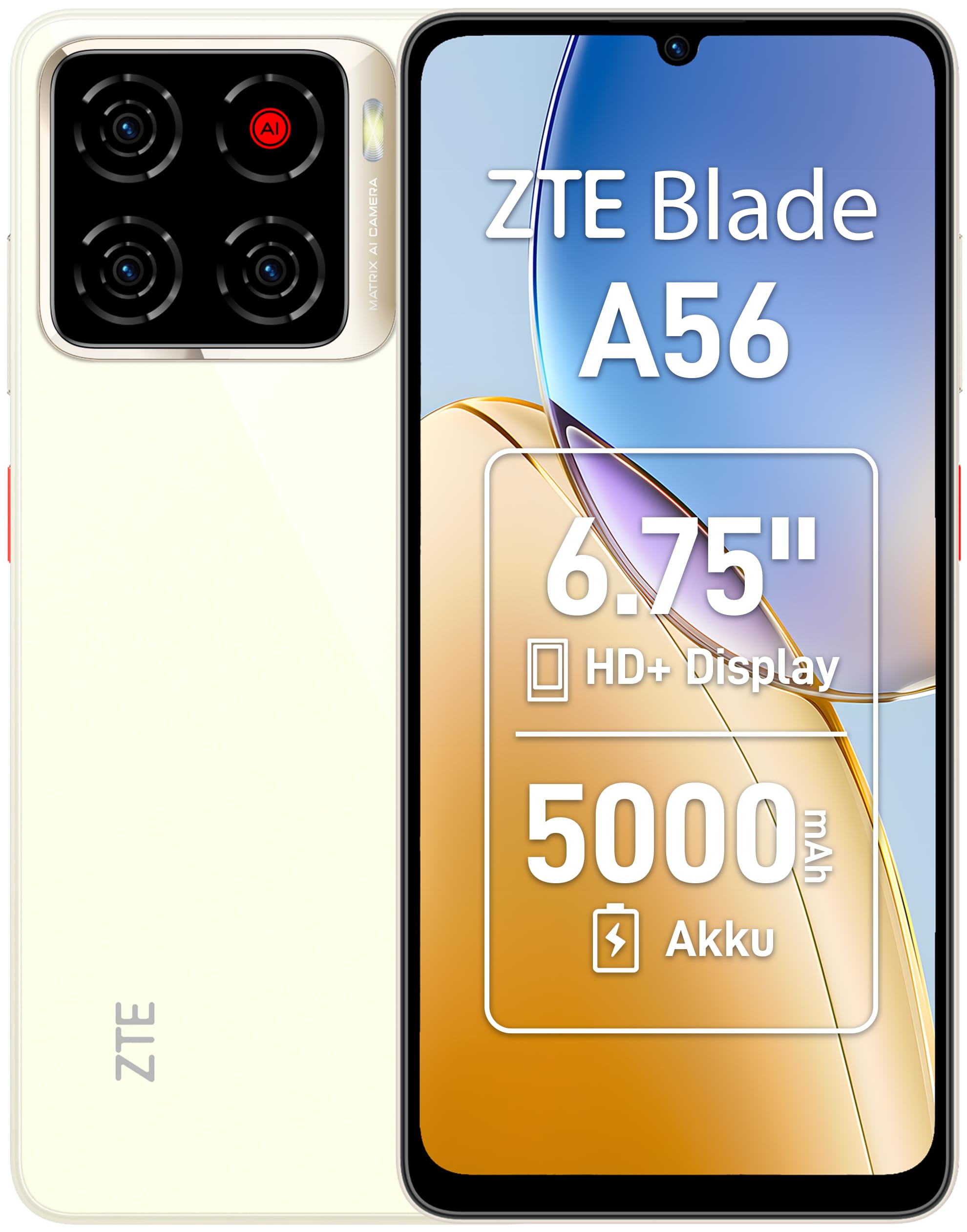 ZTE Blade A56 Smartphone ohne Vertrag, 6,75" HD+ Display (90 Hz), 4G LTE, 4GB RAM+64GB Speicher, 13MP KI-Kamera, 8MP Frontkamera, Dual SIM, Android 13, Gold (2025 Modell) Angebot bei HelloDeals