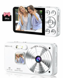 Digitalkamera 4K 64GB, Wevoor 64MP Autofokus Fotoapparat Fotokamera mit 2,8" Bildschirm, 18X Digitalzoom Kompaktkamera, 2000mAh Tragbare Mini Kamera für Anfänger Erwachsene Teens Reise Party Selfie white Angebot bei HelloDeals