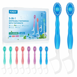 YUNCHI 24 Stück Mini Zahnbürste 5 in 1 Einmalzahnbürsten mit Zahnpasta + Pickel + Zungenschaber + Zahnseide, Reisezahnbürste Einzeln Verpackt für Camping Geschäftsreisen Kinder Erwachsene Angebot bei HelloDeals