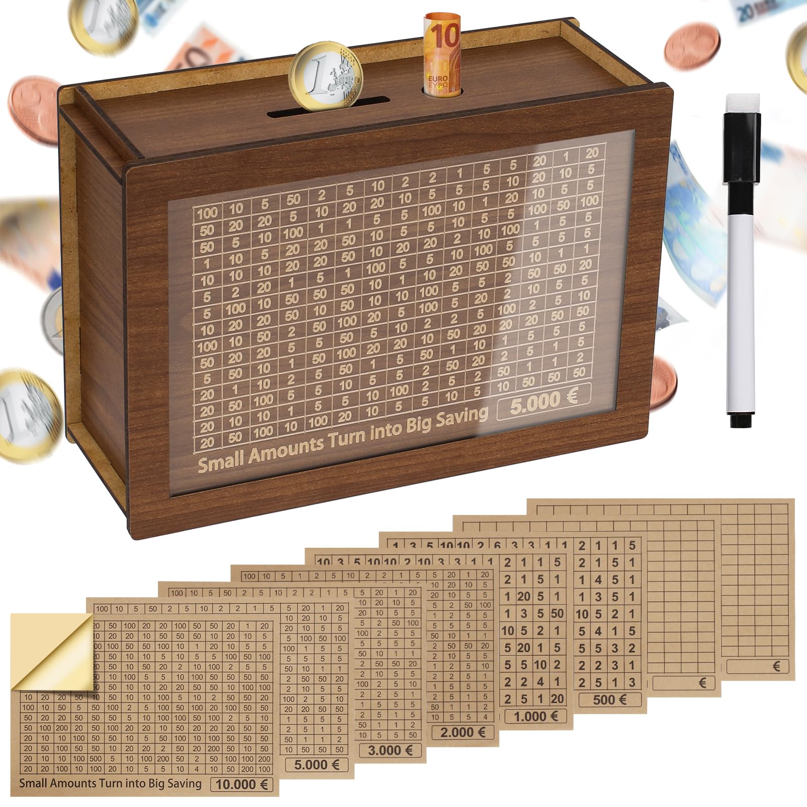 Alyvisun Spardose Holz mit Marker Aufklebern, Sparbüchse mit Zähler 5000€ Wiederverwendbare Geldkassette Holzspardose mit Sparziel zum Ankreuzen Sparbox Geldsparbox Cash Box €500-€10000 Ziel Braun Angebot bei HelloDeals