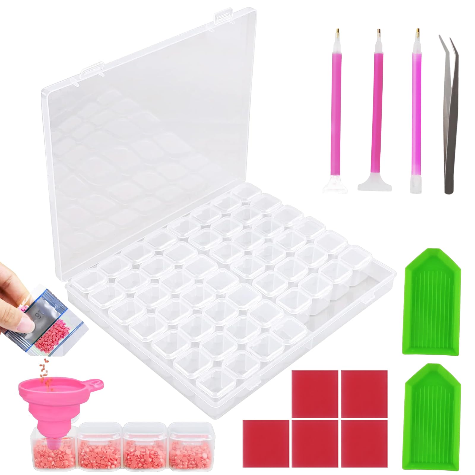 NVGVUP Diamond Painting Aufbewahrungsbox, 5D Transparent Diamond Painting Zubehör Boxen, 56 Fächer Kunststoff Diamant Stickerei Box mit Stift und Trichter, für DIY-Handwerk Angebot bei HelloDeals
