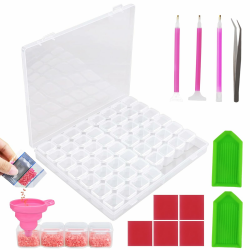 NVGVUP Diamond Painting Aufbewahrungsbox, 5D Transparent Diamond Painting Zubehör Boxen, 56 Fächer Kunststoff Diamant Stickerei Box mit Stift und Trichter, für DIY-Handwerk Angebot bei HelloDeals