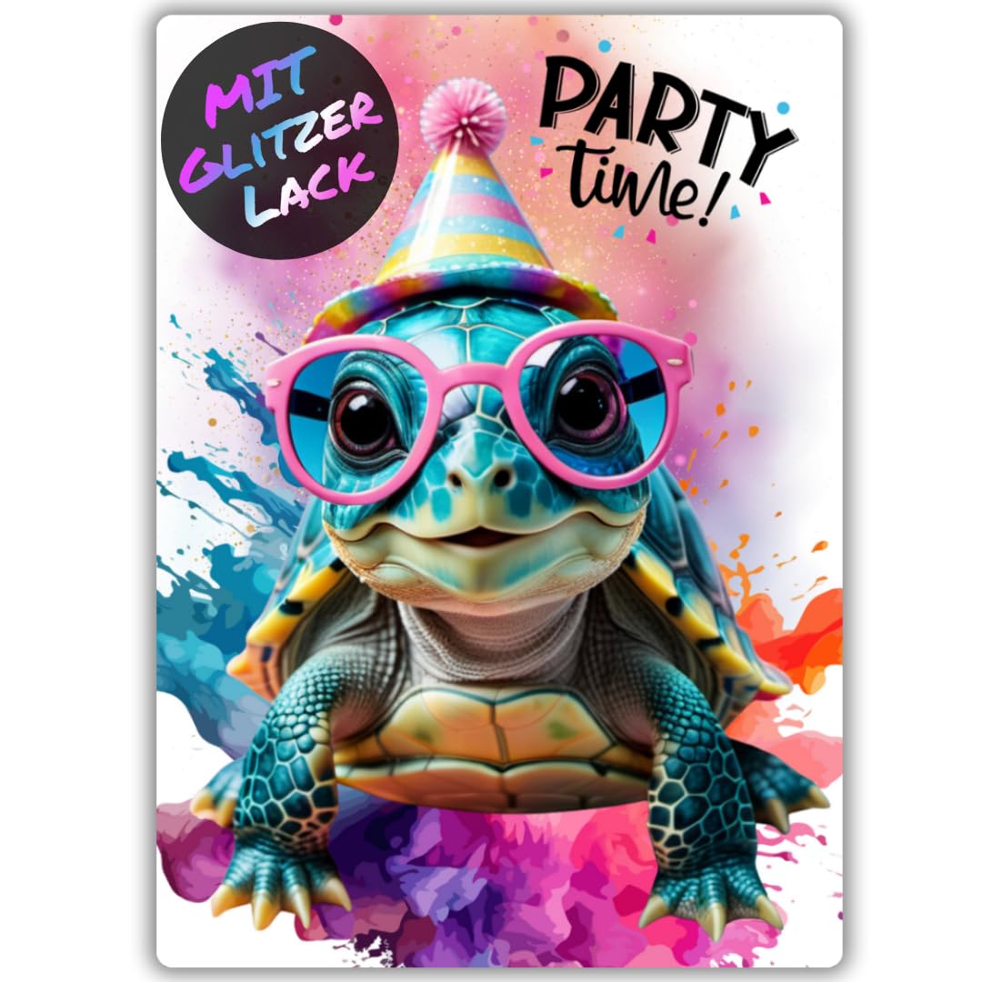 12x Party Schildkröten Glitzer Einladungskarten - Teenager Kindergeburtstag Jungen & Mädchen - coole Tier Geburtstagseinladungen inkl. Messenger Bild & Urlaubsgutschein Party Schildkröte XS SET - 12 Karten Angebot bei HelloDeals