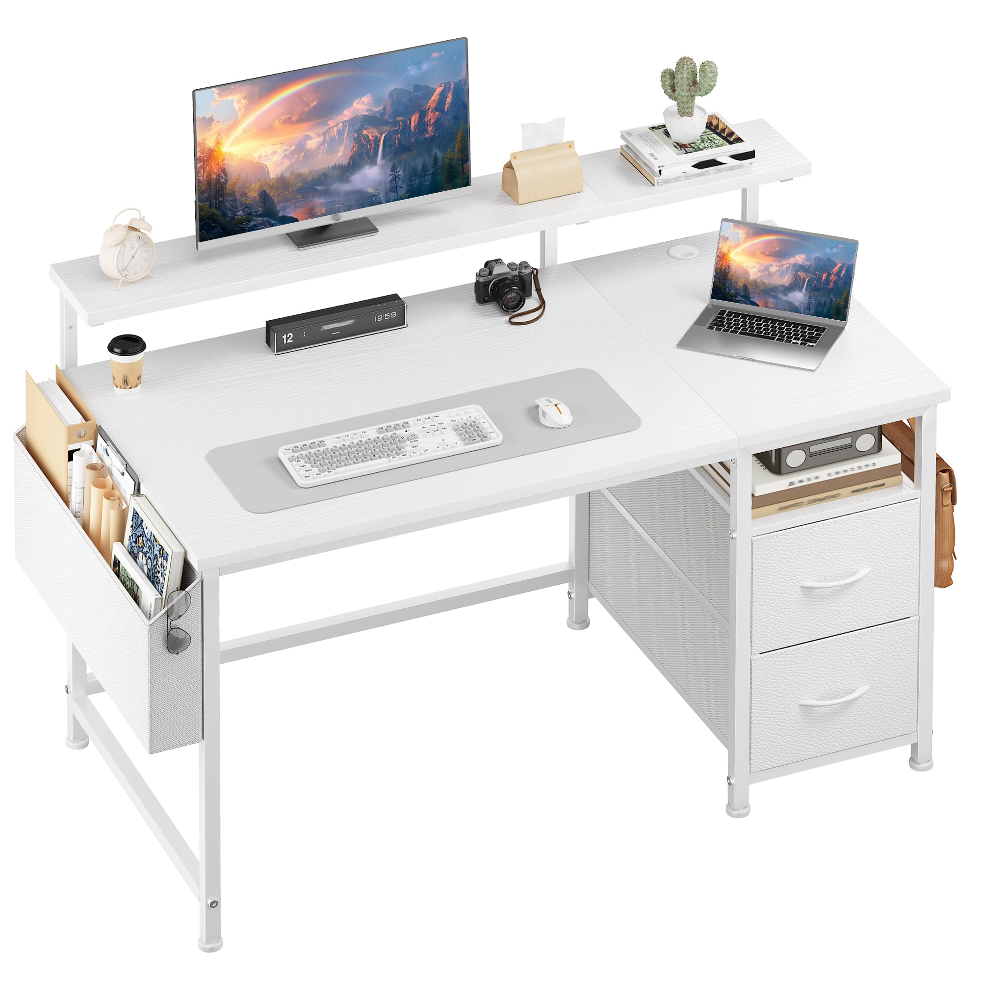 Schreibtisch mit 2 Schubladen Bieten Stauraum, 100x48 Schreibtisch mit Monitorständer, 2 Ablagehaken, Kabelführungsfach, Kompakte Maße Passen Gut in Studierende, Home-Office-Arbeiter, Weiß 100x48 cm Weiß Angebot bei HelloDeals