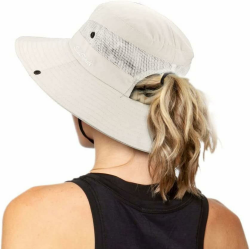 Damen Outdoor UV-Schutz Faltbare Sonnenhüte Mesh Breiter Rand Strand Fischerhut mit Pferdeschwanzloch Einheitsgröße Beige Angebot bei HelloDeals