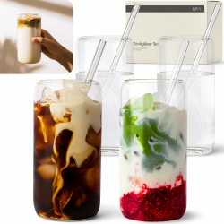 KIVY Trinkgläser Set mit Glas Strohhalm [4x 450ml] Eiskaffee, Wasser & Matcha Glas - Longdrinkgläser Set - Kaffee & Matcha Gläser - Kaffeegläser - Latte Macchiato Gläser - Hohe Cocktailgläser Standard 450ml Angebot bei HelloDeals