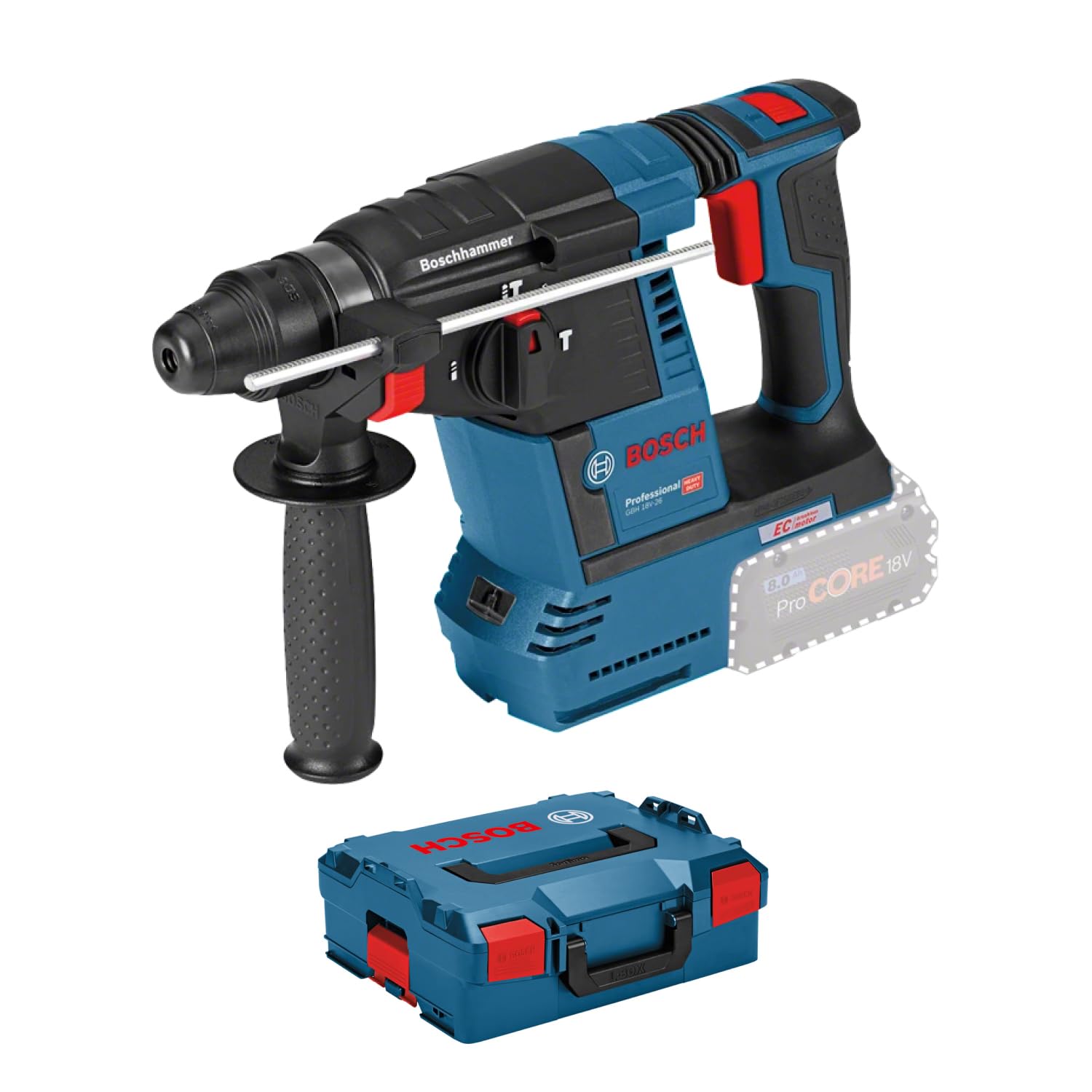Bosch Professional 18V System Akku Bohrhammer GBH 18V-26 (SDS Plus, Bohr-Ø max: Beton/Stahl/Holz 26/13/30mm, inkl. Zusatzhandgriff, Tiefenanschlag 210mm, Maschinentuch, L-BOXX, ohne Akku/ Ladegerät) in L-BOXX GBH 18V-26 Angebot bei HelloDeals