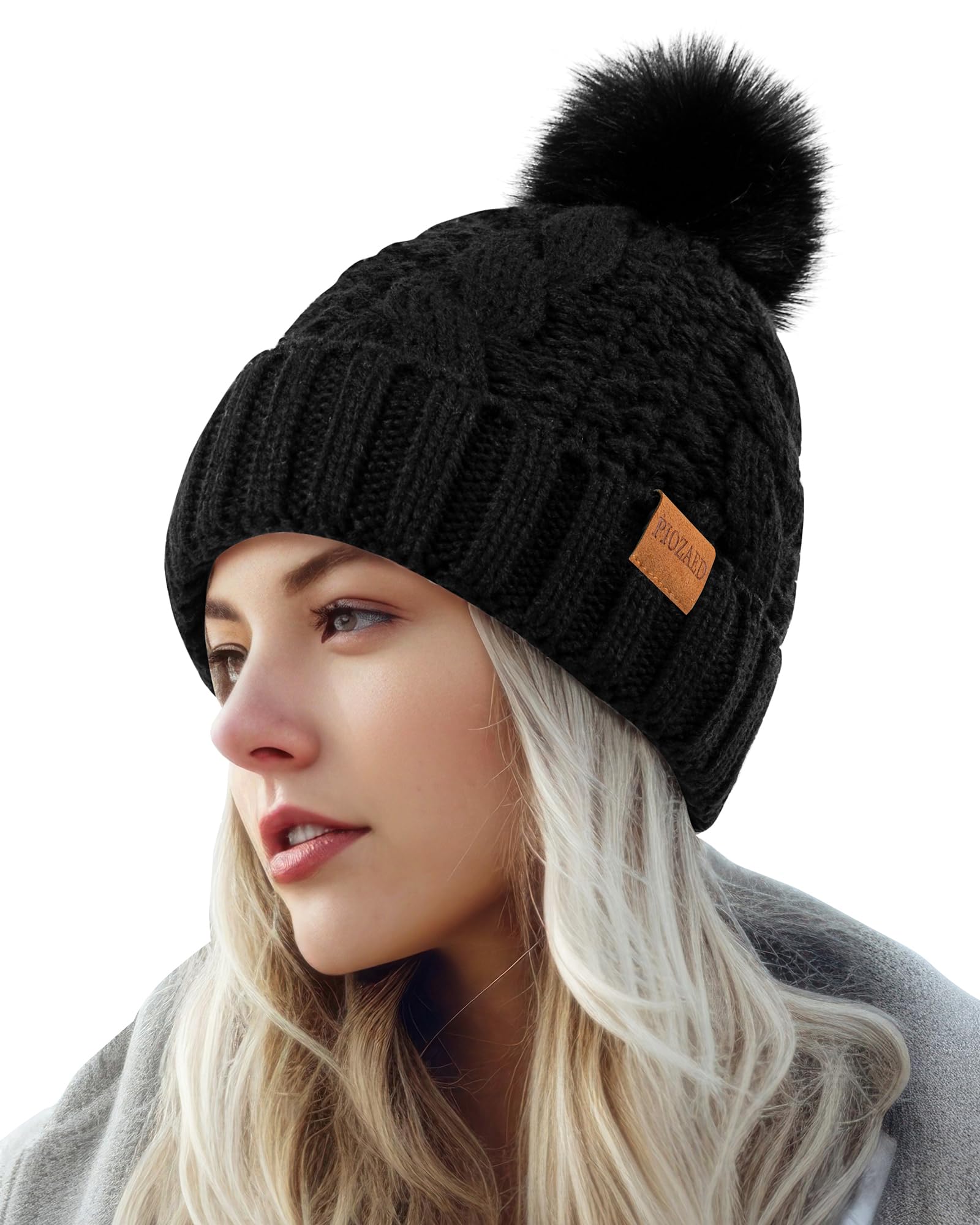Women's Winter Pompom Beanie Warm and Cozy Knit Hat Fleece Lining Skull Cap for Women Schwarz Angebot bei HelloDeals