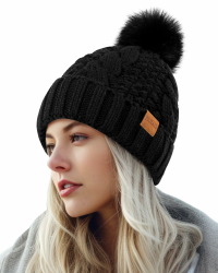 Women's Winter Pompom Beanie Warm and Cozy Knit Hat Fleece Lining Skull Cap for Women Schwarz Angebot bei HelloDeals