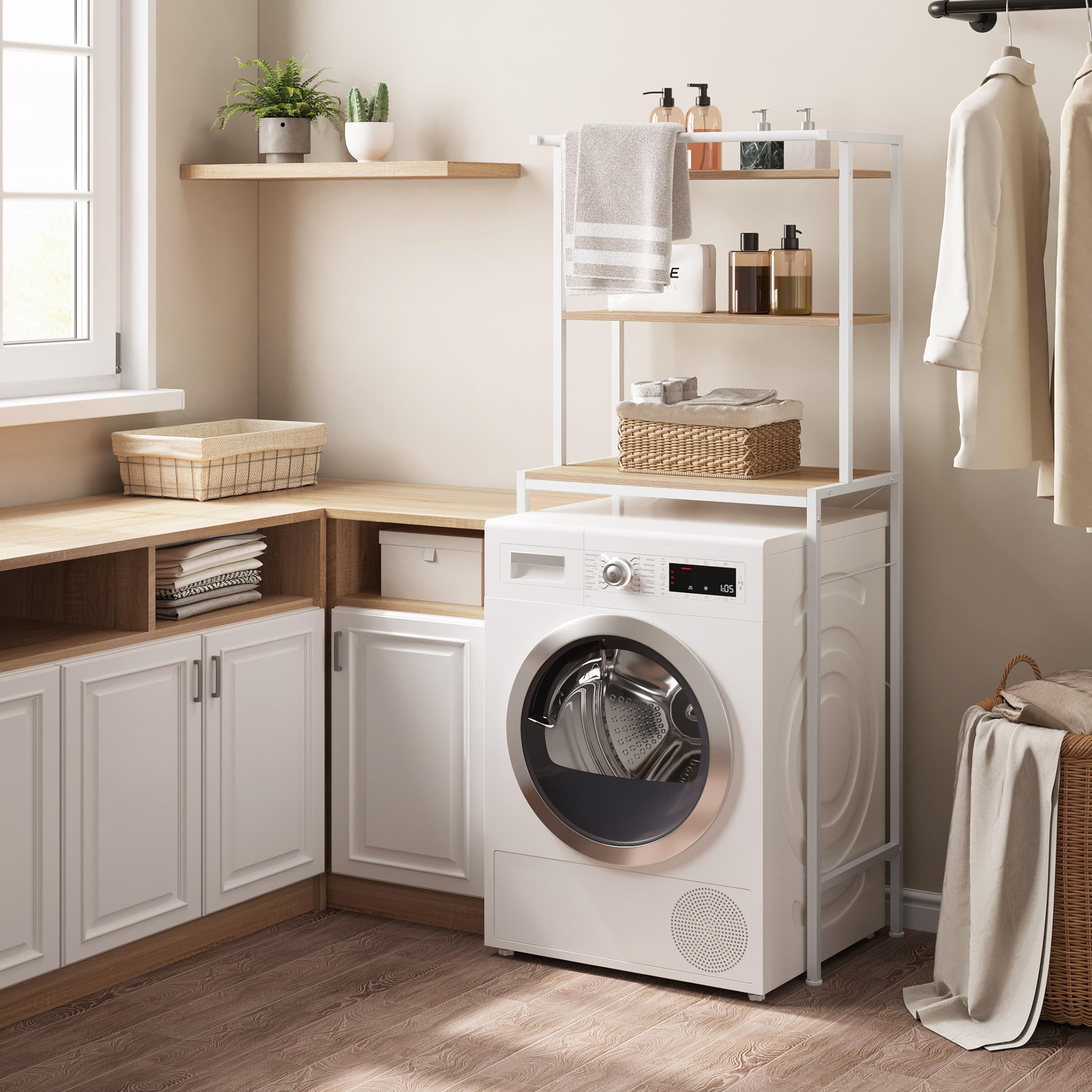 EUGAD Waschmaschinenregal, WC Regal über Waschmaschine Toilette, Waschmaschinenschrank Überbauschrank, Toilettenschrank, 3 Ablagen, Handtuchhalter, Metall Holzwerkstoff, 67x162x40 cm, Weiß Helle Eiche + Weiß Angebot bei HelloDeals