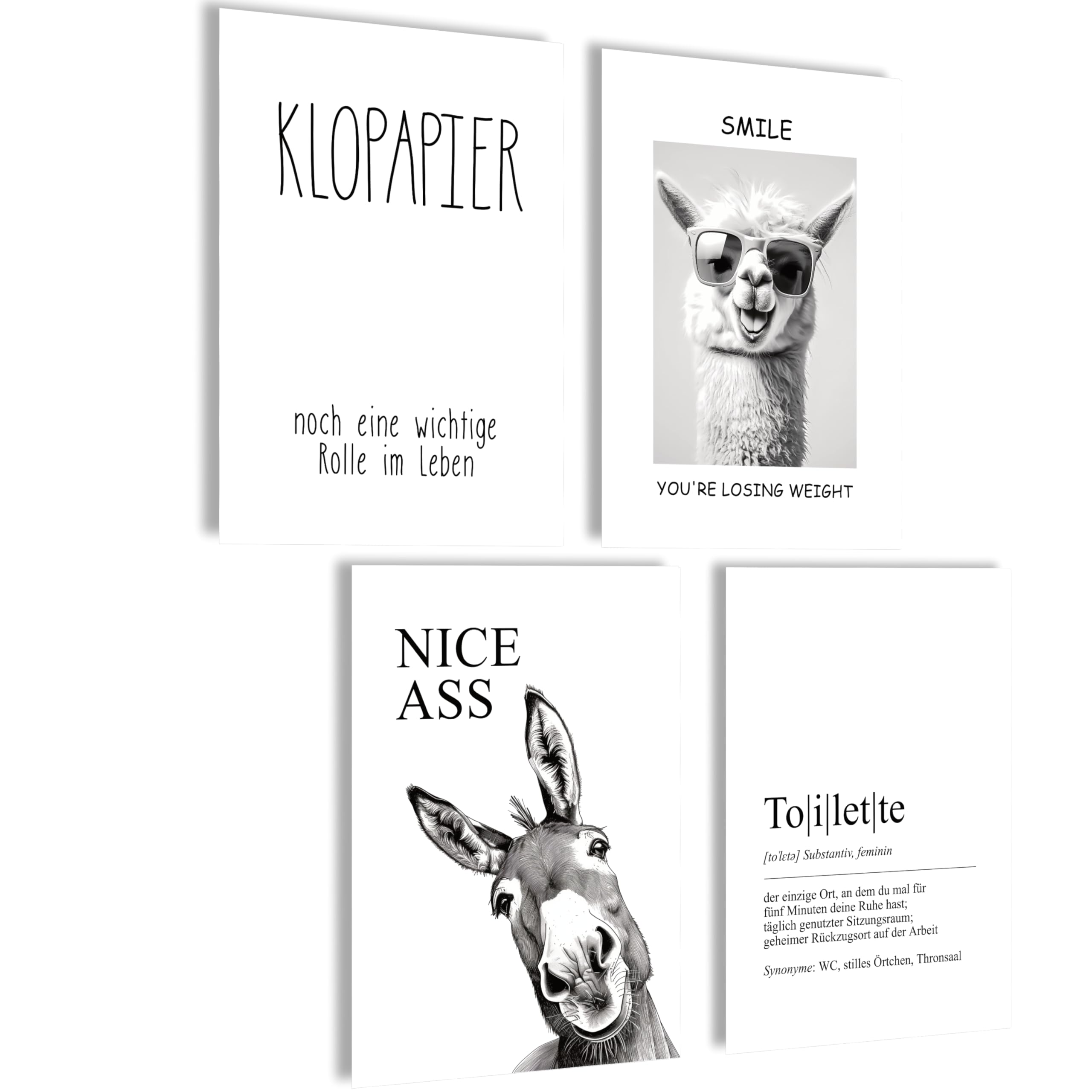 mojoliving Witzige Poster Set 4er Set Wandbilder WC Sprüche Lama Esel Toilette Humor A4 Kunstdrucke schwarz weiß Badezimmer Gäste WC Deko Geschenkidee Posterset 4x A4 (21x30cm) | ohne Rahmen Toilette Definition Angebot bei HelloDeals