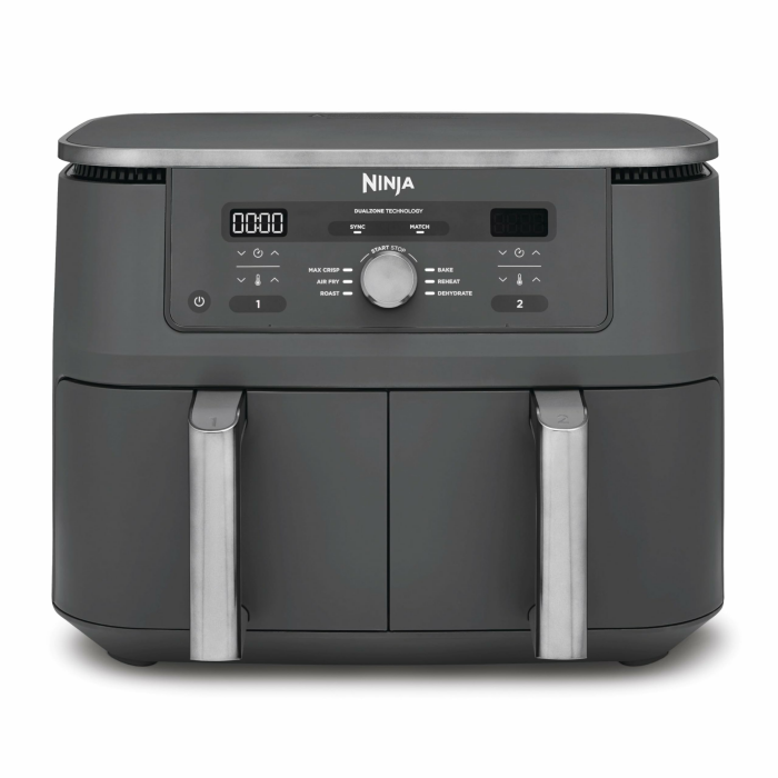 Ninja Dual Zone Digital Air Fryer, 2 Schubladen, 6-in-1, Heißluftfritteuse, 9,5L, Heißluft-Frittieren, Max Crisp, Rösten, Backen, Aufwärmen, Spülmaschinenfeste Körbe, Metallic Grau DZ400EU Metallic Grau 9,5l Angebot bei HelloDeals