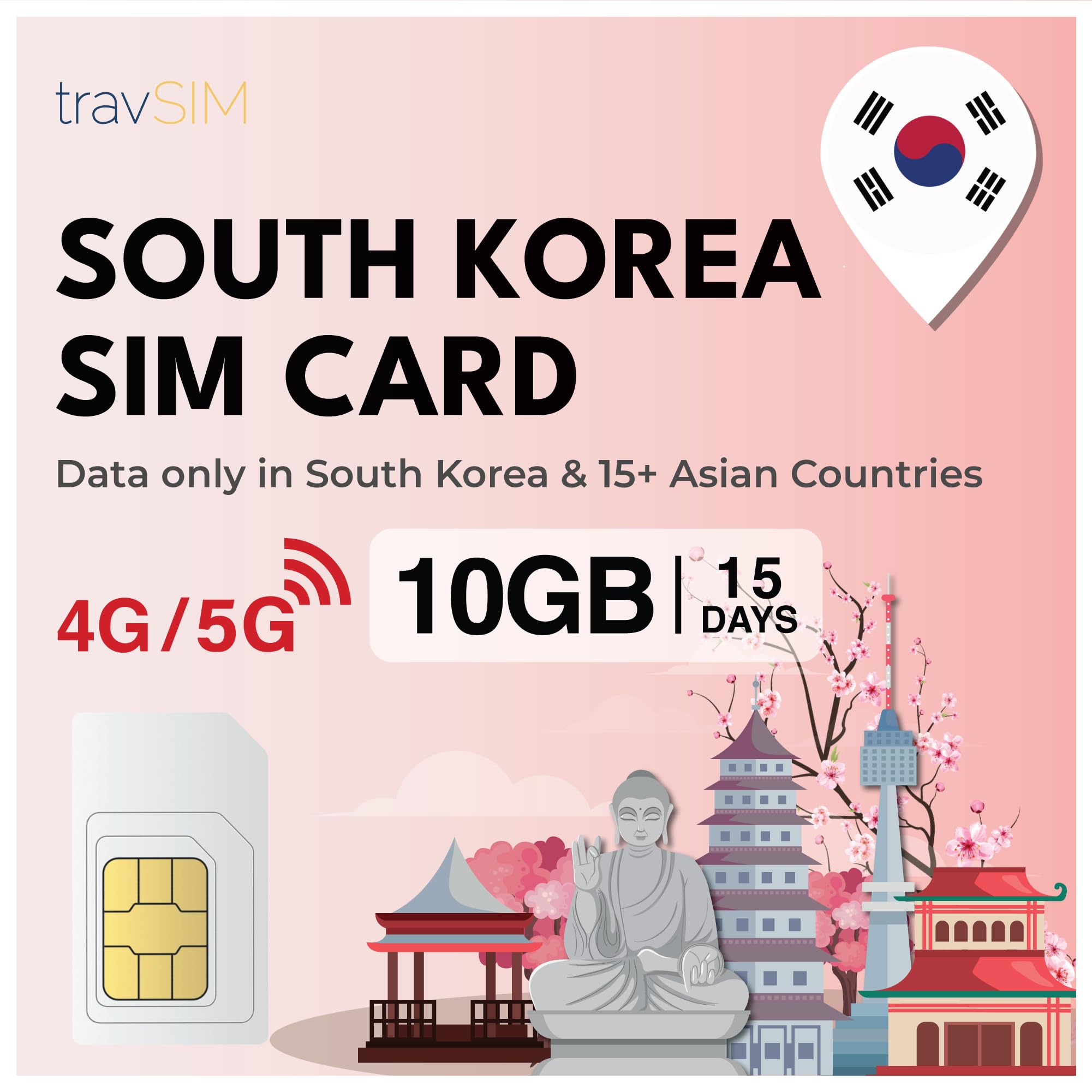 travSIM SIM-Karte für Südkorea | 10GB mobile Daten | Verwenden Sie Voip-Apps wie Whatsapp und Messanger, um nachrichten zu versenden, anrufe zu tätigen | Der SIM-Karte für Südkorea ist 15 Tage gültig. 15 Days - 10GB Angebot bei HelloDeals