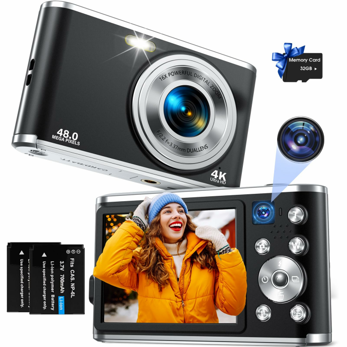 Digitalkamera, AutoFocus 4K Fotokamera mit Dual-Kamera, Fotoapparat Digitalkamera mit 32GB Karte,16X Digitalzoom,2,8" großem Bildschirm Vlogging Kamera Tragbare Point-and-Shoot-Kameras für Teenager Schwarz Angebot bei HelloDeals