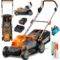MASKO® Akku Rasenmäher mit Mulchfunktion, Akku Li-Ion Batterie 4Ah & Ladegerät Rasentrimmer 33cm Schnitt-Breite 5X Höhenverstellbar 30L Fangkorb Flächen bis 150m² inkl. Handschuhe & Bürste Schnittbreite 33cm Schwarz / Orange Angebot bei HelloDeals