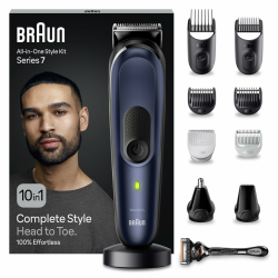Braun All-In-One Trimmer-Set 7, 10-in-1 Multigroom, Barttrimmer, Nasenhaartrimmer, Haarschneidemaschine für Gesicht, Kopf und Körper, 100 Min. Akku, 14 Längen (3–21 mm), Wasserdicht, MGK7410, Blau Angebot bei HelloDeals