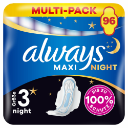 Always Maxi Night Binden Mit Flügeln (Größe 3) 12 Stück, Bis zu 100% Schutz, einzeln verpackt 96 Stück (8 x 12) Angebot bei HelloDeals
