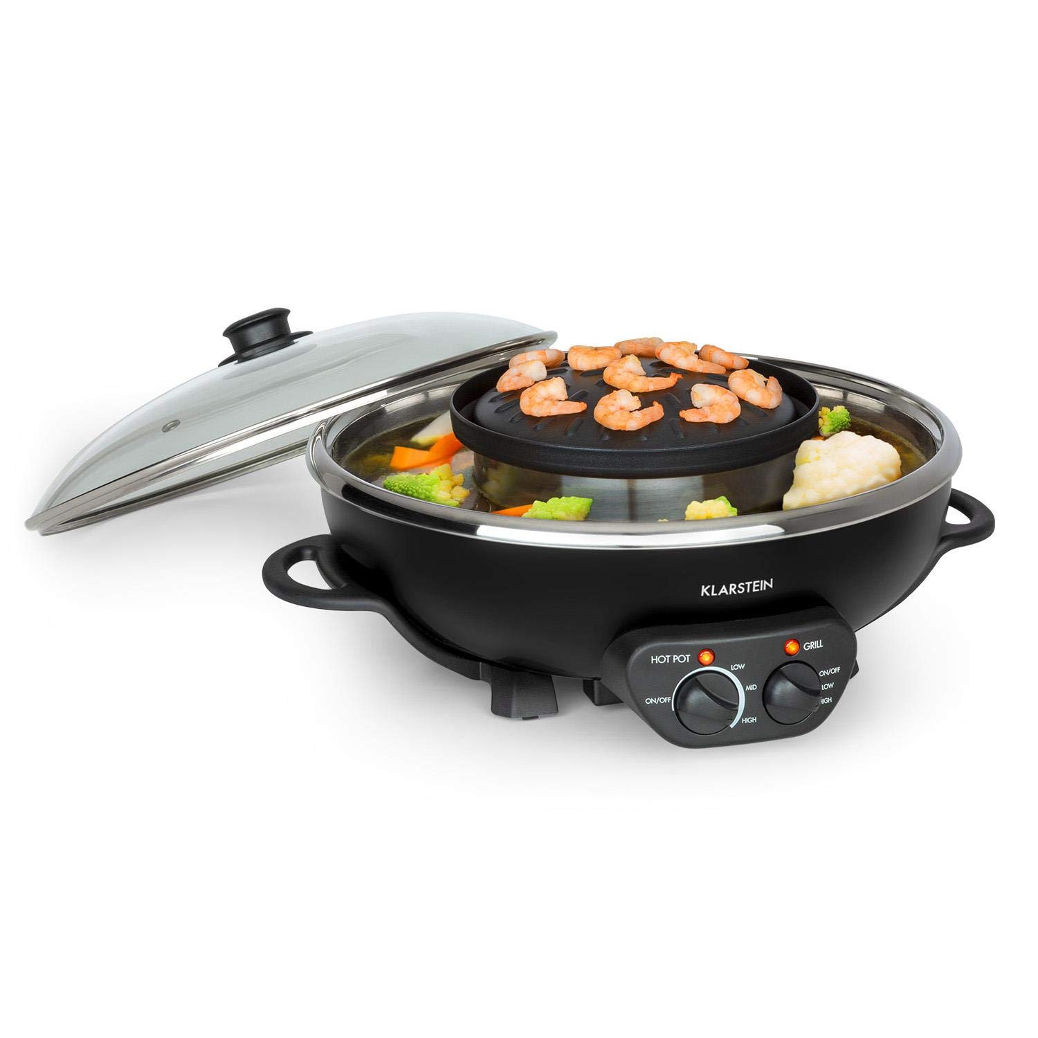 Klarstein Szechuan - Hot Pot und Grillplatte, Hot Pot Topf Volumen: 5 Liter, Hot Pot Grill 1350 Watt / 38 cm Ø, Grillplatte: 600 Watt / 22 cm Ø, Heizelement aus Aluminium, schwarz Angebot bei HelloDeals