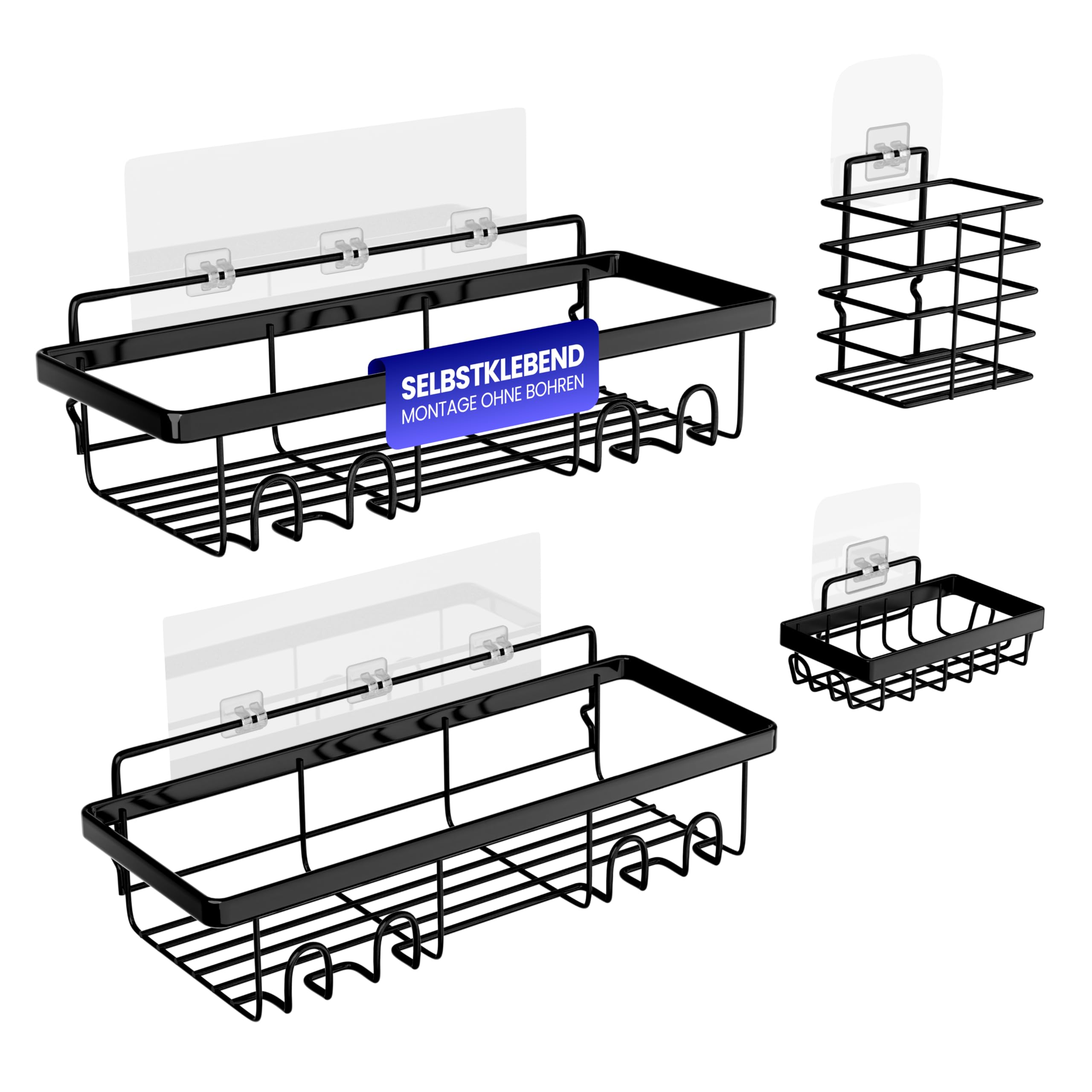 Rome® 4 x Duschablage ohne Bohren Edelstahl (selbstklebend) schwarz - Duschkorb & Ablage für Badezimmer & Shampoo mit Saugnapf - Bad Duschregal & Ablage zum Kleben bis 12kg - Bathroom Organizer Shelf Angebot bei HelloDeals