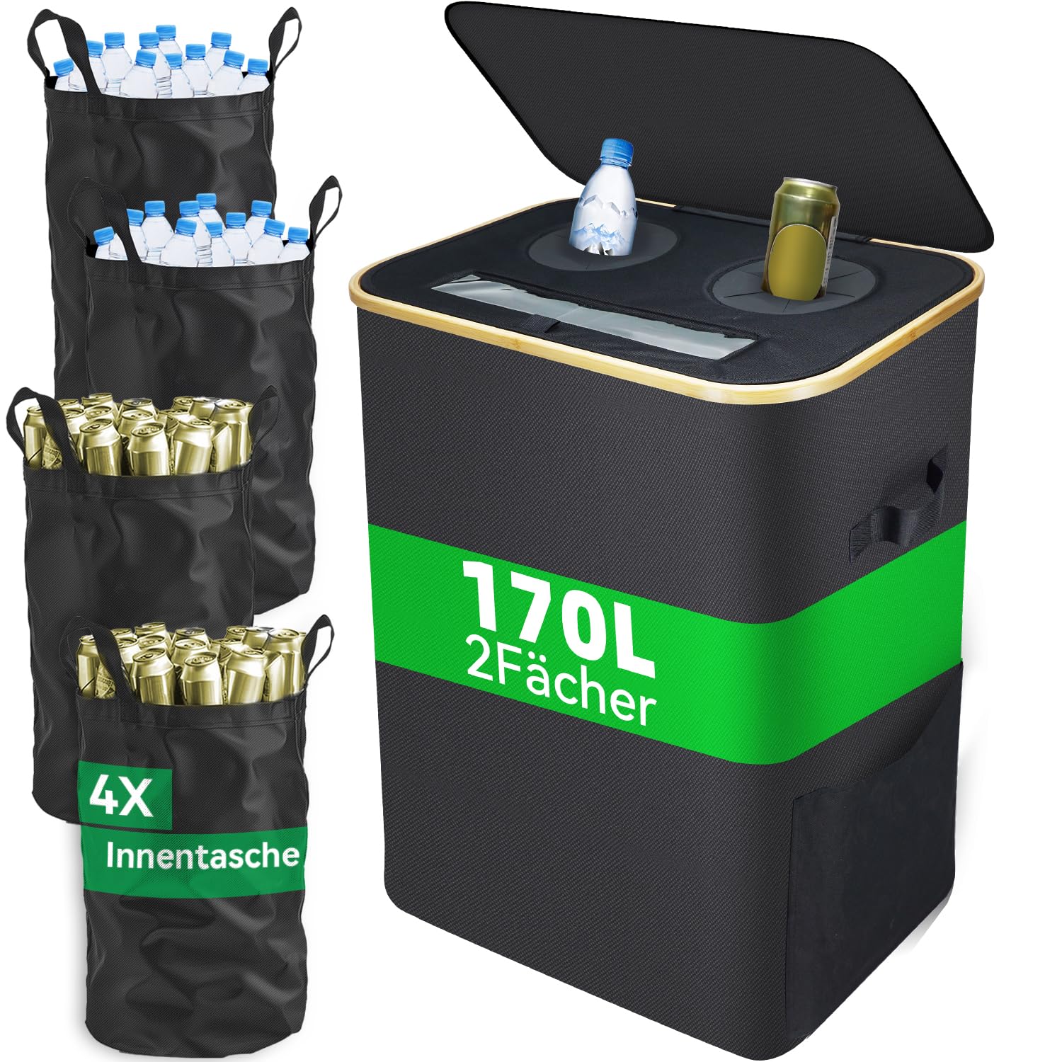 170L Pfandflaschen Sammelbehälter mit Deckel,2 Fächer,4 Flaschentaschen,Großer Pfandbehälter,Flaschensammler leergut geeignet für Küche und Speisekammer,Schwarz (170L) 170L 4 bags Angebot bei HelloDeals
