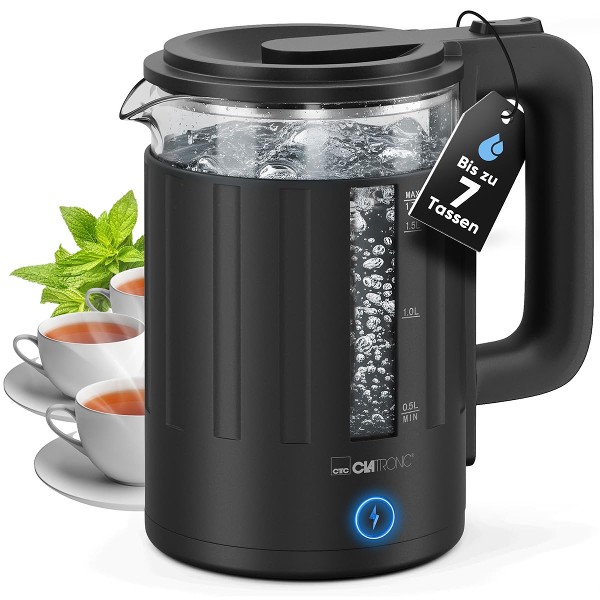 Clatronic Wasserkocher Glas | 1,7 Liter | BPA frei | Einhandbedienung | wärmeisoliertes Gehäuse | Kettle | mit Kabelaufwicklung | Wasserkocher schwarz | WK 3837 Modell 2025 Angebot bei HelloDeals