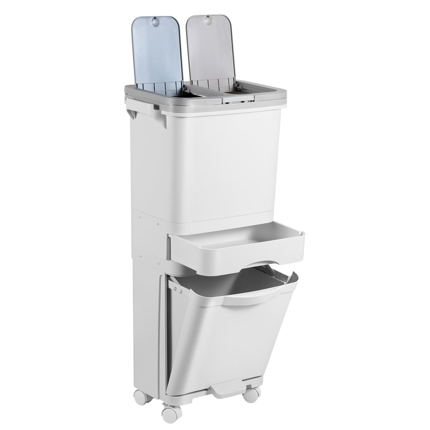 Mülleimer Küche 3 Fächer, 42L Trocken und Nasstrennung Abfalleimer Küche mit Deckel, Tretmülleimer mit Deckel auf Rädern für Küche Wohnung Büro, Weiß Angebot bei HelloDeals