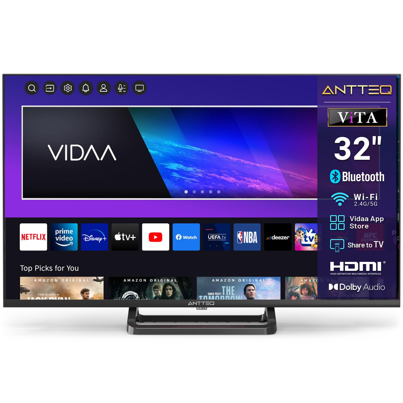 Antteq Smart TV 32 Zoll Bluetooth (Fernseher 80 cm) mit Mittelfuß,Voice Remote Control,HD,Triple Tuner(DVB-T2/S2/C),App Store,DAZN,UVM,WLAN,Hotelmodus (V32-AH3Q1L-BT) 32 Zoll-BT VIDAA TV Angebot bei HelloDeals