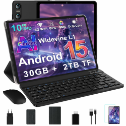 Android 15 Tablet 10 Zoll mit Gemini AI, 30 GB RAM + Erweiterbar auf 2 TB ROM, Widevine L1, 5G WLAN, 6000mAh, Octa-Core, 5MP + 8MP, BT 5.0, Tablet mit Tastatur + Maus, Schwarz Angebot bei HelloDeals