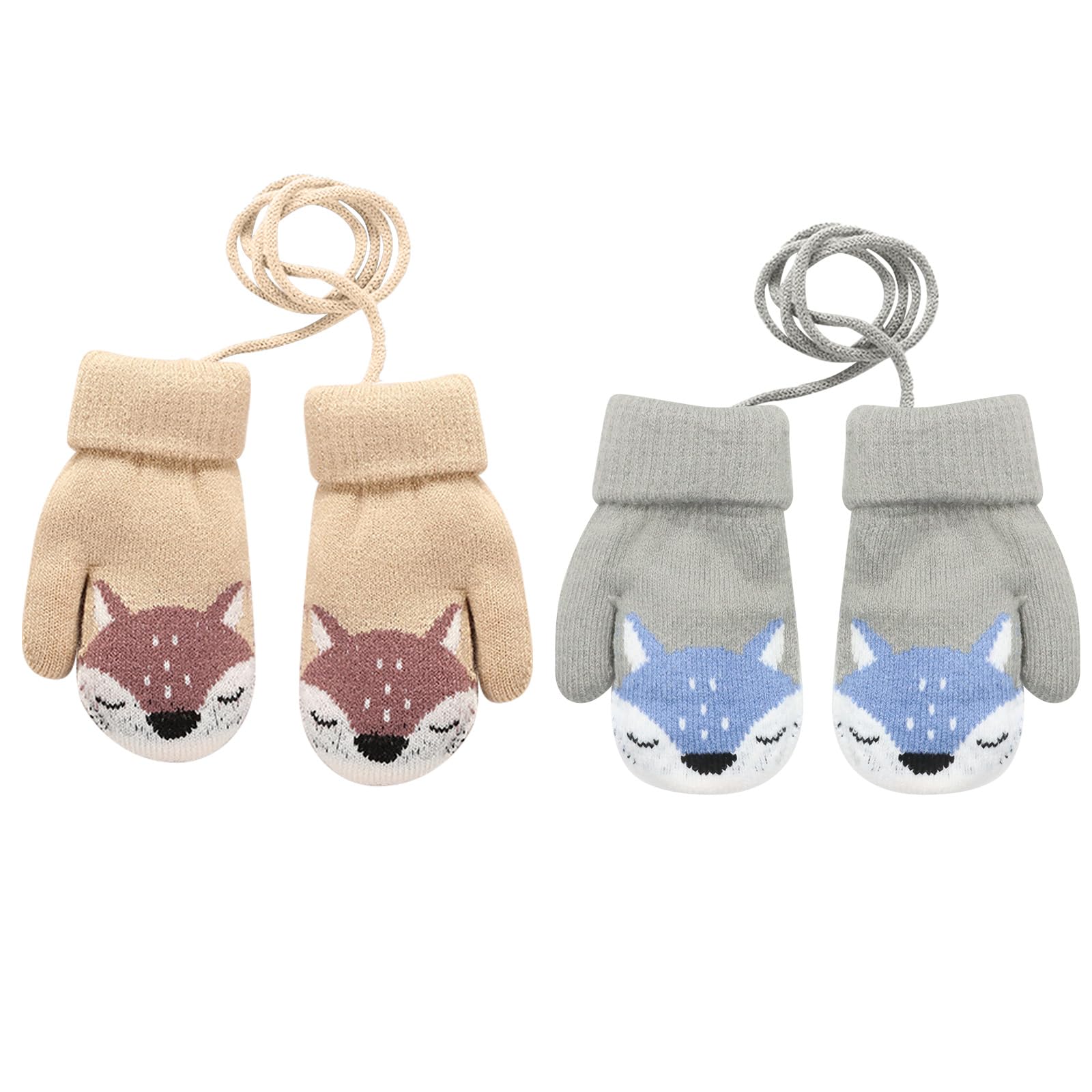VEGCOO 2 Paar Kinder Gestrickt Handschuhe, Baby Winter Handschuhe, Cartoon Kinder Winter Handschuhe Fäustlinge, Warme Fleece-Gefütterte Handschuhe für 1-3 Jahre Mädchen Junge Grau + Beige Angebot bei HelloDeals