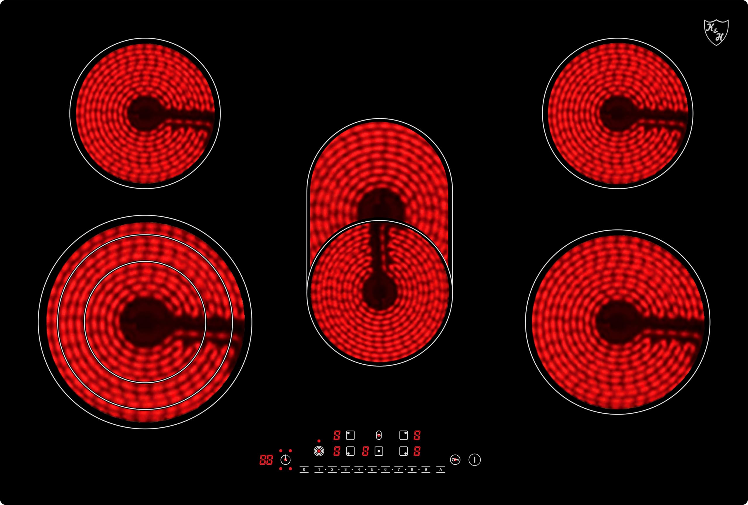 K&H Glaskeramikkochfeld NC-8608 [5 ZONEN] - Herdplatte 5 Kochfelder - Kochfeld 5 Platten Autark - Kochplatten 5er - Starkstrom-Anschluss - Kein Stecker Enthalten - 77CM - 8600W in 9 Leistungsstufen Elektro 5 Zonen 77cm Angebot bei HelloDeals