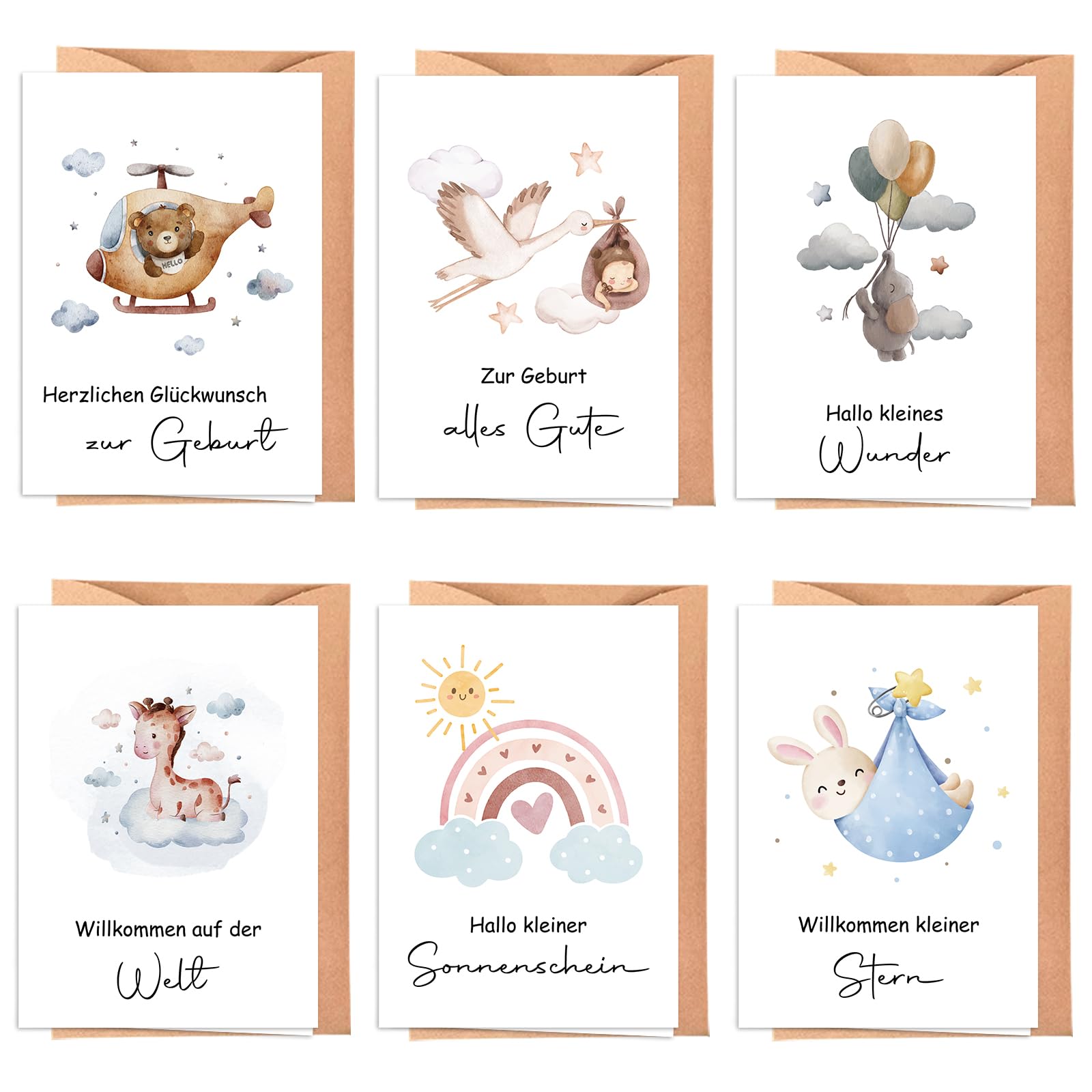 6 x Hochwertige Karte zur Geburt mit Umschlage - A6 Klappkarten Glückwunschkarte Geburt Junge Mädchen Angebot bei HelloDeals