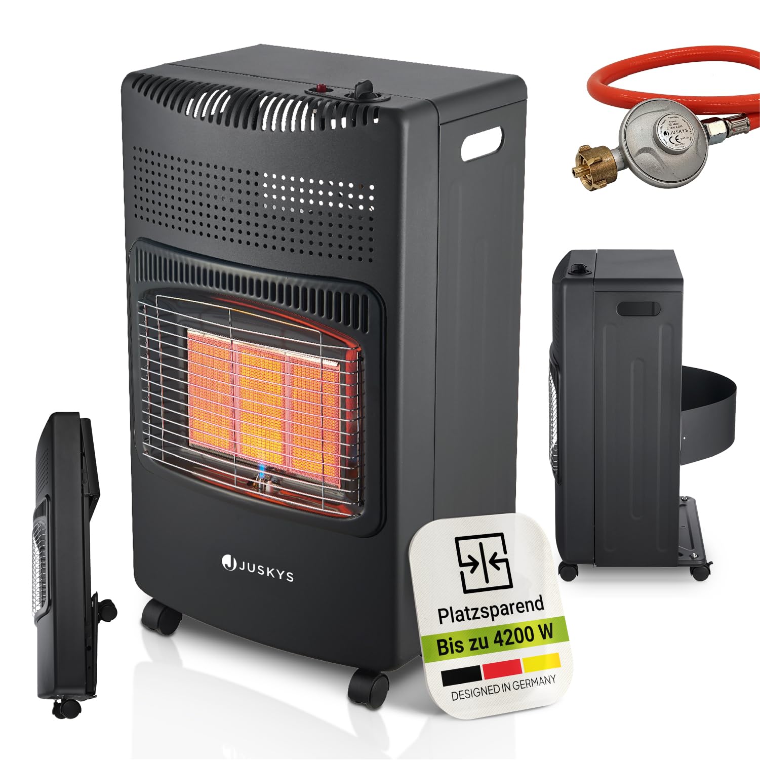 Juskys® Keramik Gasheizung GS42US in Schwarz - 4200 W mit Druckregler & Schlauch - Mobil, effizient & energiesparend - Gasheizer Gasheizofen Gasheizgerät Angebot bei HelloDeals