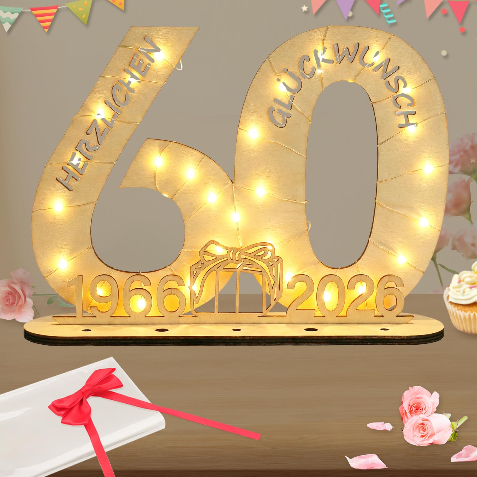 Deko 60 Geburtstag Frau Mann, 1966-2026 Geldgeschenke Geburtstag 60 Originelle Holz Schild Gästebuch mit LED Lichterkette für Männer Frauen Diamantene Hochzeit Jubiläum Tischdeko 2026-60 Angebot bei HelloDeals