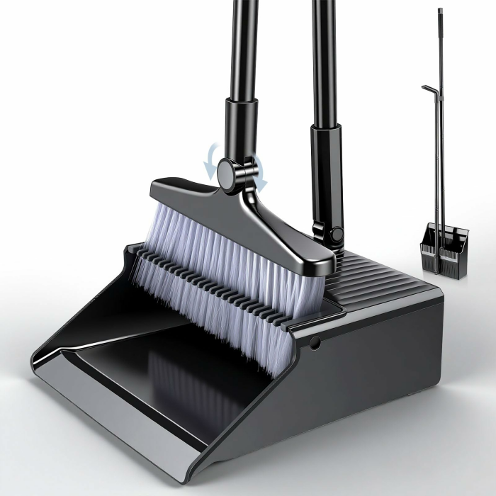 Besen und Kehrschaufel Set,Kehrschaufel und Bürste Set mit langem Griff,Kehrgarnitur ，180 Grad drehbare Kehrbürste,Haushaltsstaubwanne mit Kammzähnen für Indoor Outdoor Home Room Kitchen Blacks Angebot bei HelloDeals