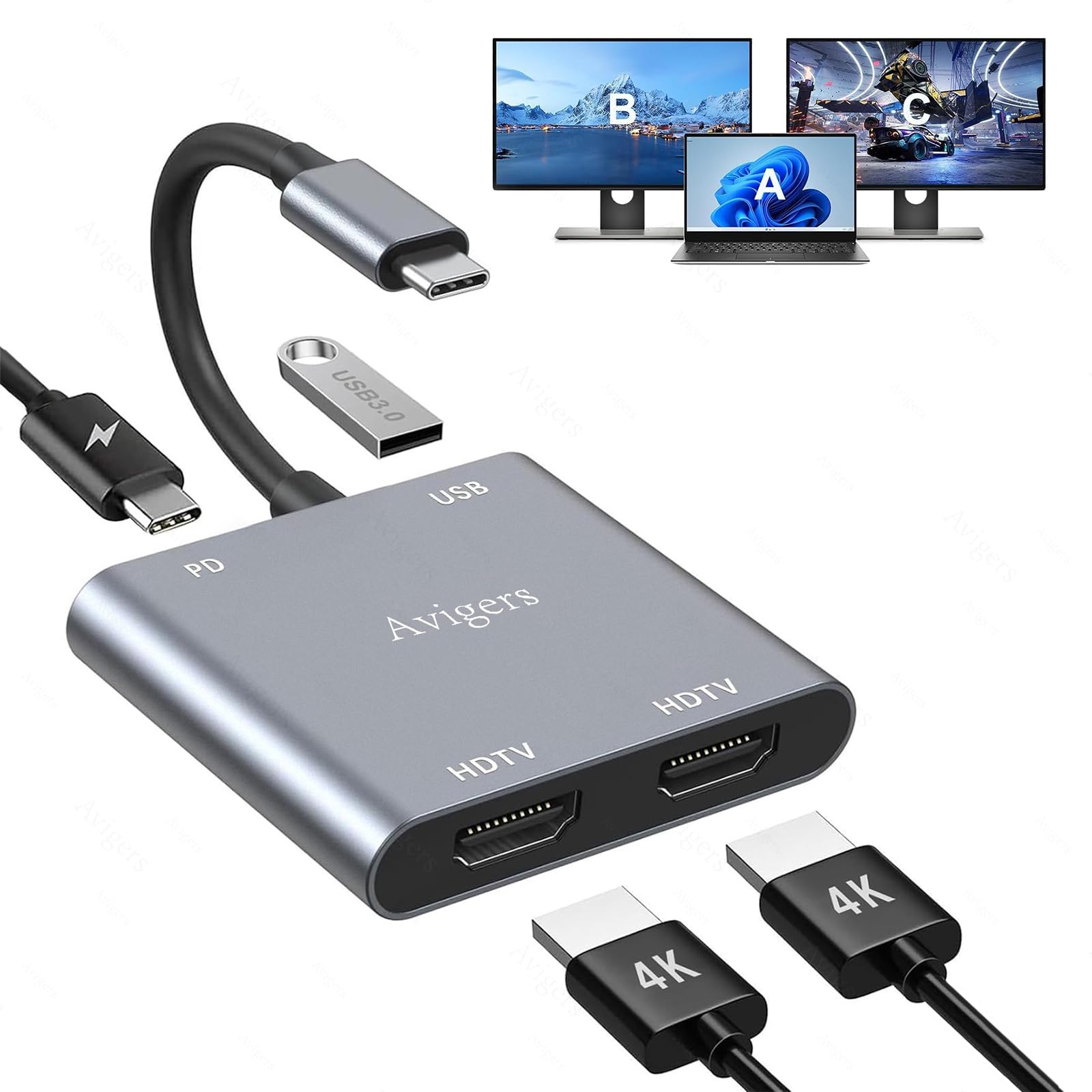 HDMI Splitter 1 in 2 Out, USB C auf HDMI Adapter 2 Monitore Erweitern, Hdmi Switch mit 2 HDmi Port, PD, USB 3.0 für Laptops und Tablets etc (Einzel Ausnutzen 4K@60Hz und Duales Ausnutzen 4K@30Hz) USB C HUB 4 in 1 silver grey Angebot bei HelloDeals