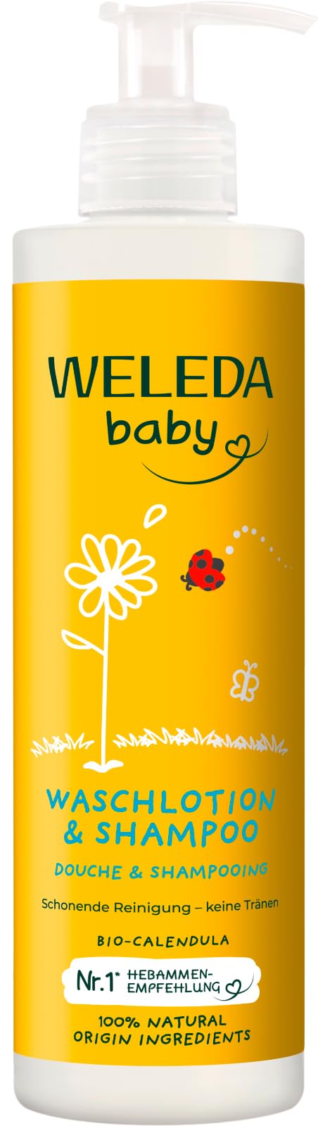 WELEDA Bio Calendula Baby XL Waschlotion & Shampoo vegan - Naturkosmetik Duschgel zur Hautpflege / Haarpflege bei Neugeborenen. Babypflege Dusche für empfindliche Haut, mild zu den Augen (1x 400ml) Baby Waschlotio & Shampoo 400ml Angebot bei HelloDeals