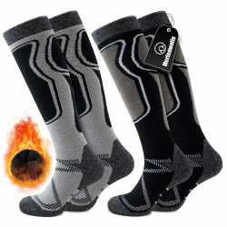 2 Paar Skisocken aus Merinowolle für Herren Damen, Warme Gepolsterte Thermosocken Weich Winterstrümpfe, Kniestrümpfe mit Polsterung für Snowboarden Skifahren Schnee Jagen Wandern 1x Schwarz | 1x Grau 43-46 Angebot bei HelloDeals