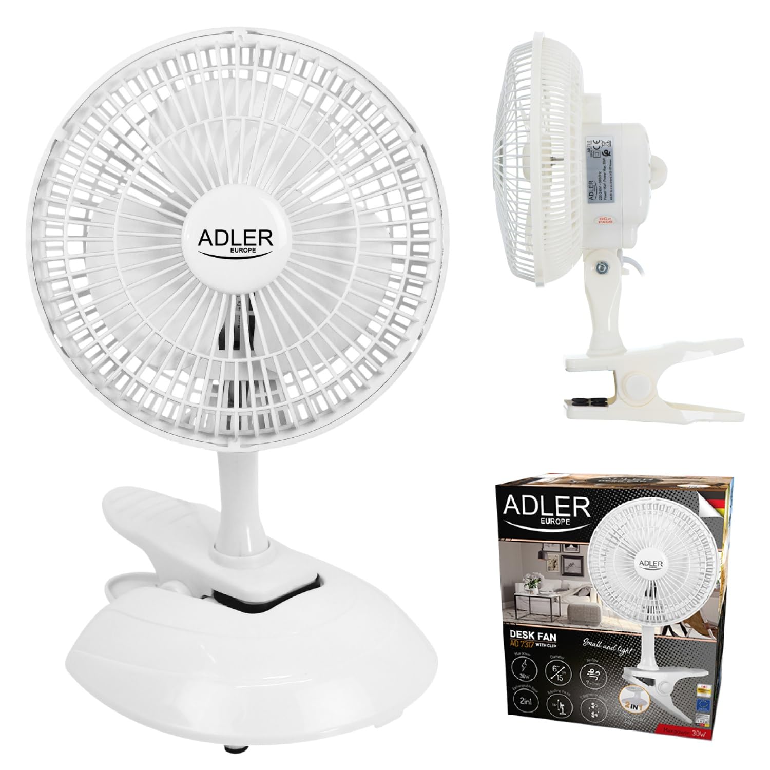 Adler AD 7317 Tischventilator mit Clip, Tragbarer, Klingen Durchmesser 15cm, 2 Geschwindigkeitsstufen, Mini Ventilator, Klein, Weiß, 30W, Einheitsgröße Angebot bei HelloDeals