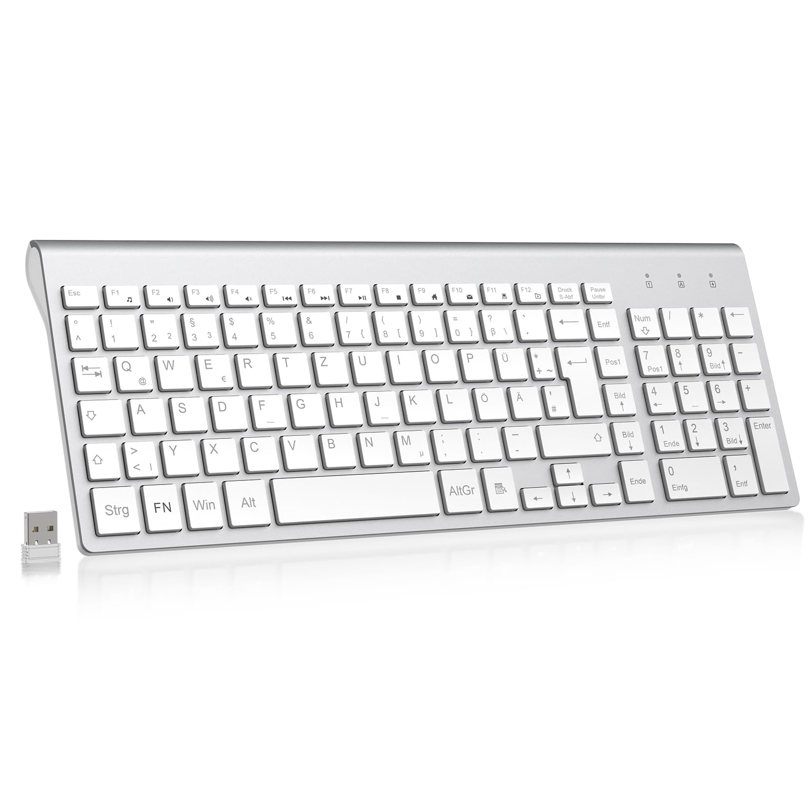 cimetech Tastatur Kabellos Ergonomische Kabellose Tastatur Flache Tasten 2,4 GHz Wireless Keyboard Funktastatur QWERTZ Layout 10m Reichweite Kompatibel mit PC, Desktop, Notebook, Laptop (Slim_Silber) Angebot bei HelloDeals