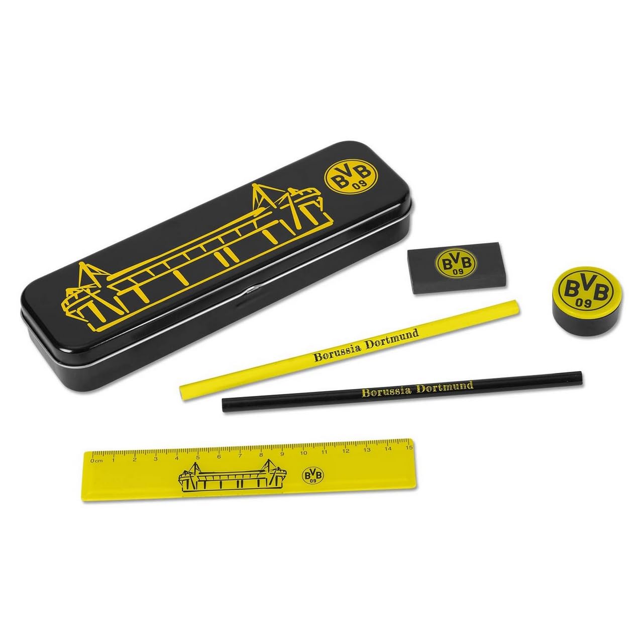 BVB Schreibset mit Metallbox, Exklusives BVB Schulset,schwarzgelb, mit Metallbox, Liniel, 2X Bleistift, Radiergummi und Anspitzer Angebot bei HelloDeals
