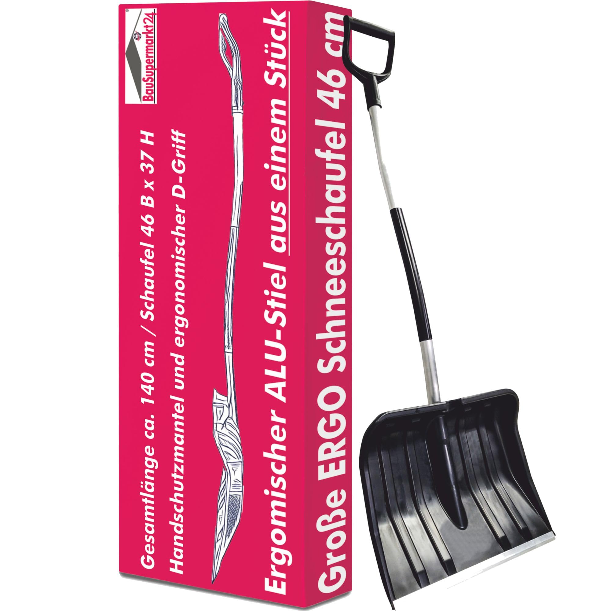 Große Schneeschaufel 46 cm breit mit ergonomischem Aluminium-Stiel und D-Griff Schneeschieber Schneeschippe Schneeschüppe Schneeräumer ergonomisch Spatengriff Schildschaufel Alu-Kante Kunststoffblatt Angebot bei HelloDeals