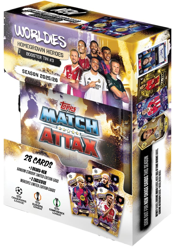 Topps UCC Match Attax 2025/26 - Mini Tin - Homegrown Heroes - enthält 28 Match Attax-Karten Plus eine zufällige Star Boy LE und 3 Exklusive „Worldies“-LE-Karten. Angebot bei HelloDeals