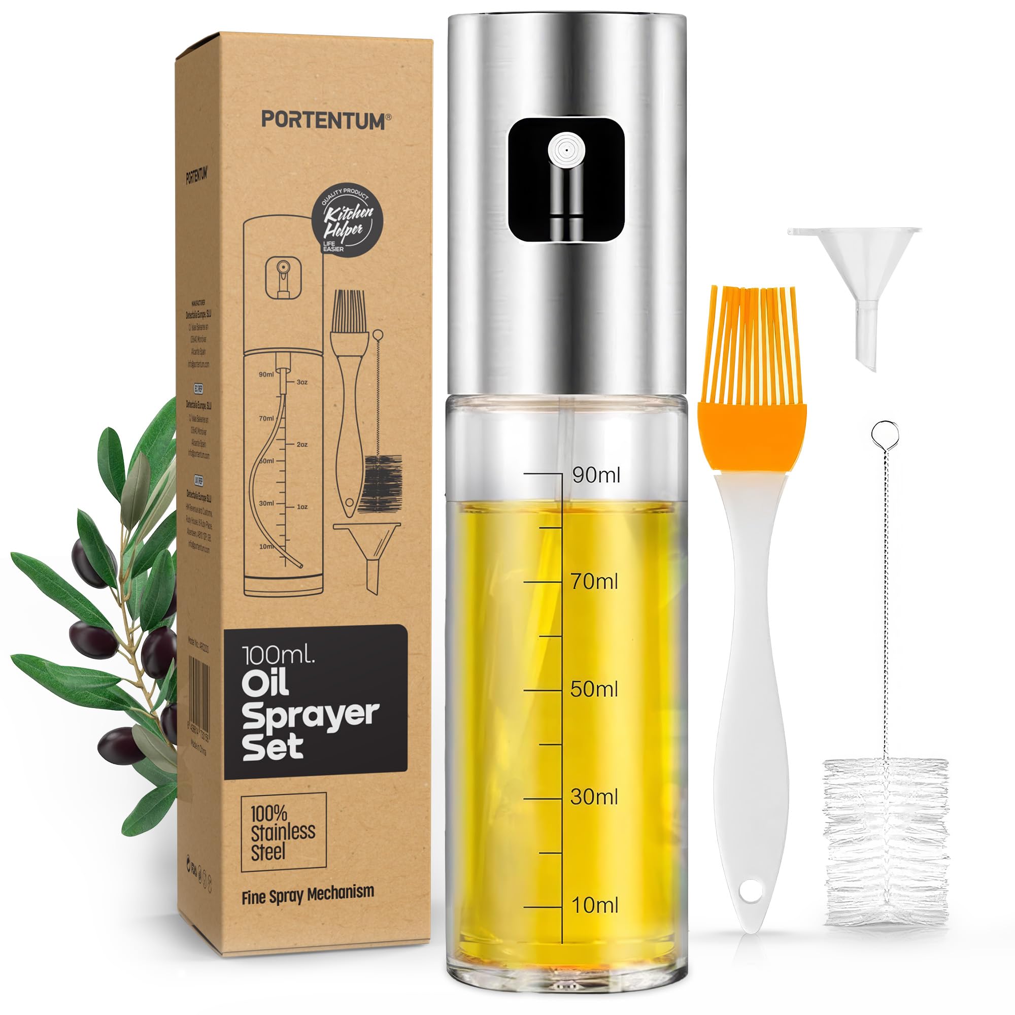 PORTENTUM Ölsprüher 100ml aus Edelstahl, Ölspender Glasflasche mit Zubehör, Auslaufsicherer Ölspray für Kochen, Grillen, Salat und Heißluftfritteuse Ölsprühgerät mit Zubehör Angebot bei HelloDeals