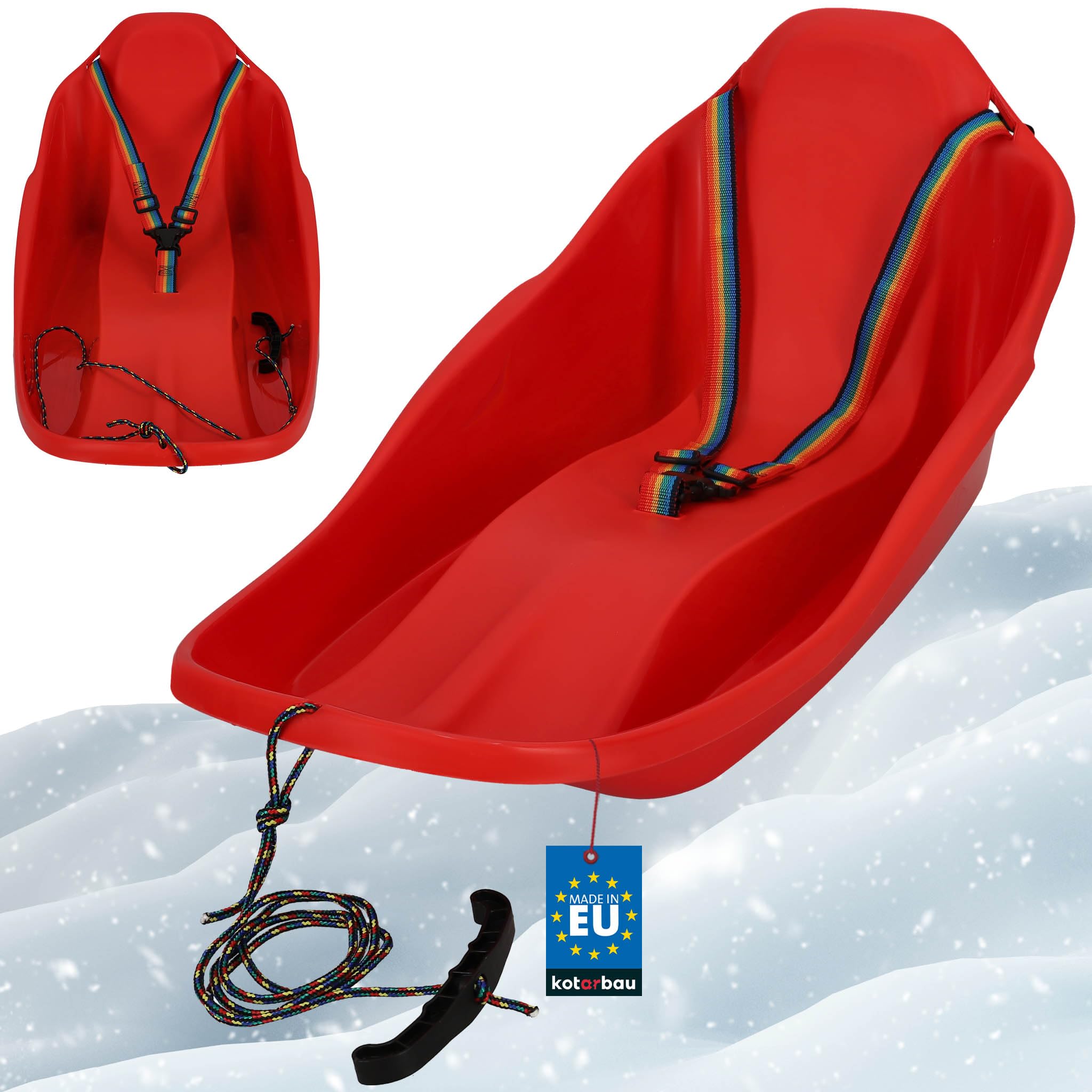 KOTARBAU® Bob Schlitten mit Lehne - 72 x 37 x 32 cm - Kinderbob - Kunststoff Schlitten für Kinder - mit Rückenlehne - Schneeschlitten - Kinderschlitten mit Sicherheitsgurt & Zugseil - Rot Angebot bei HelloDeals