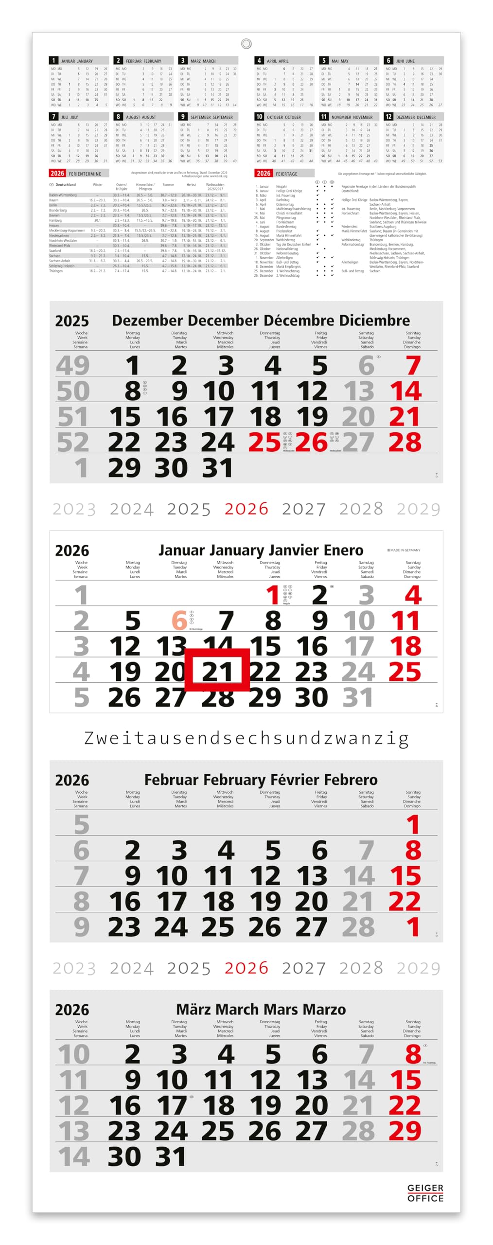 4-Monatskalender INFO - Schulferien, Feiertagen und Jahresübersicht 2026, Wandkalender I 33 x 90 cm, 4 einzelnen, perforierten Kalenderblocks (INFO 4 MONATS) INFO 4 -MONATS Angebot bei HelloDeals