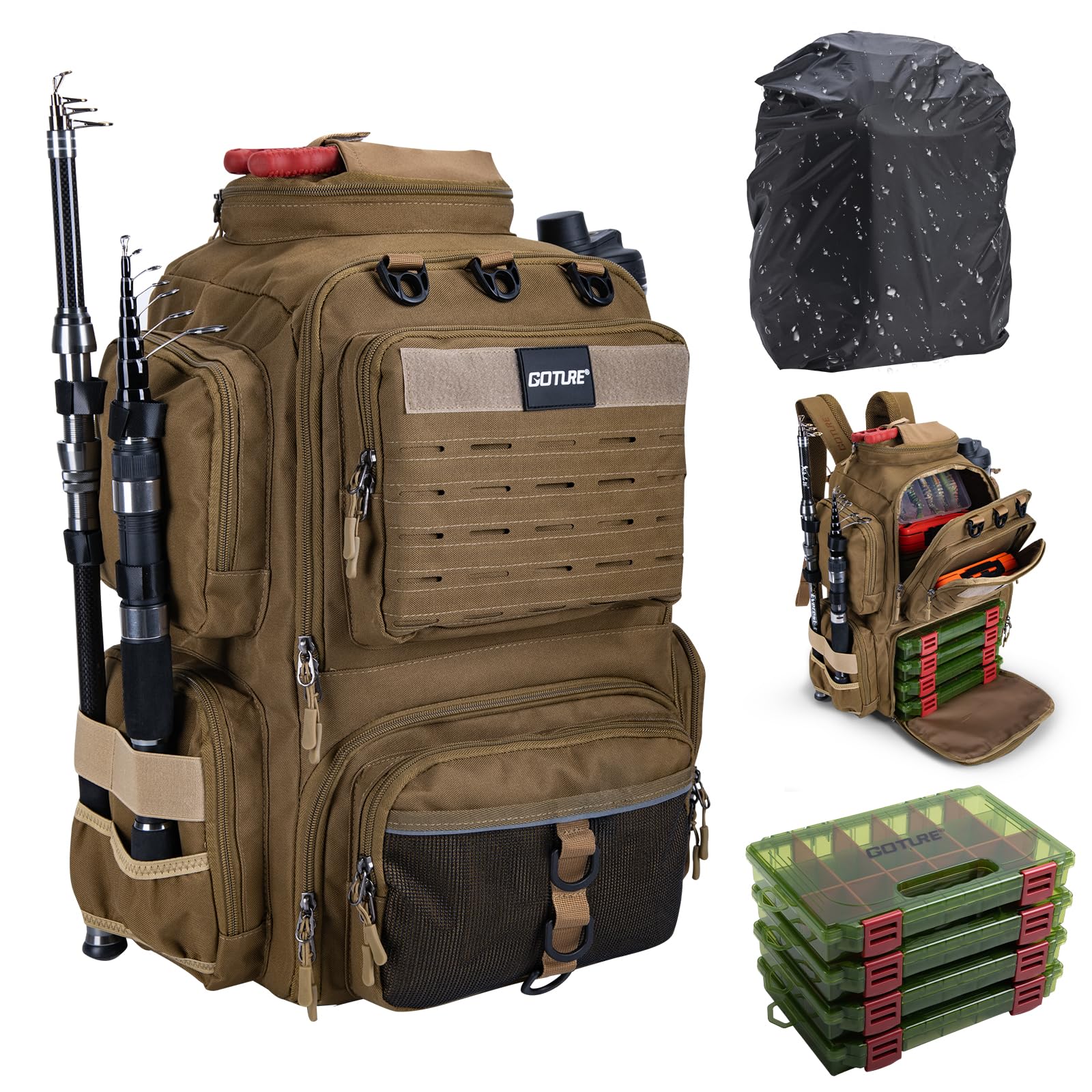 Goture Angelrucksack mit 4 Köderbox Angeln, 45-Liter Angelzubehör-Rucksack mit Zwei Rutenhaltern und Regenschutz, 900D Oxford-Gewebe Wasserabweisende Angelgerätetasche mit verstellbarem Fach Stil A-khaki Wird mit 4 Angelbox Angebot bei HelloDeals
