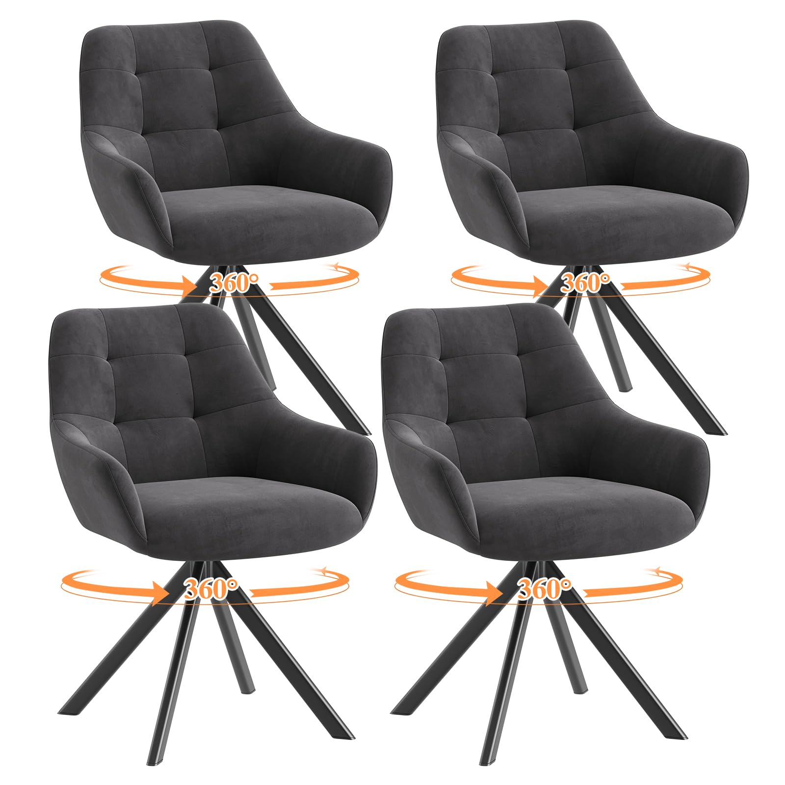 COLAMY Drehbare Esszimmerstühle 4er Set, Esszimmerstühle Drehbar mit Armlehne, Armlehnstuhl Drehbar mit Rückenlehne für Esszimmer, Stühle aus Weichem Florstoff mit Metallgestell für Küche, Grau Grau 4er Set Angebot bei HelloDeals