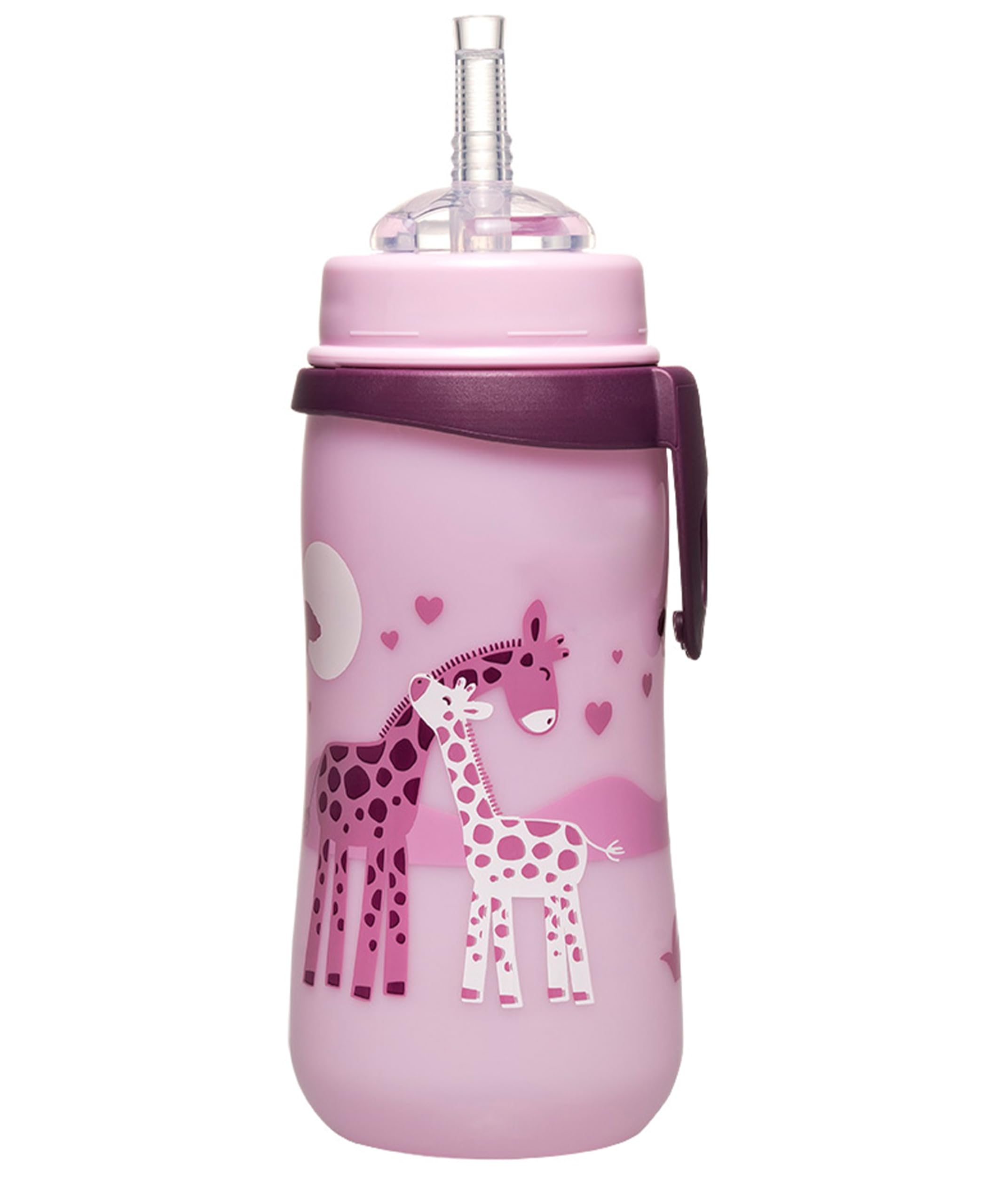 nip - Strohhalmbecher Straw Cup | Leichte, auslaufsichere Kindertrinkflasche mit Trinkhalm aus Silikon ab 12 Monaten. Einfach zu reinigen, 330 ml, Motiv Giraffe, rosa Angebot bei HelloDeals