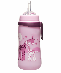 nip - Strohhalmbecher Straw Cup | Leichte, auslaufsichere Kindertrinkflasche mit Trinkhalm aus Silikon ab 12 Monaten. Einfach zu reinigen, 330 ml, Motiv Giraffe, rosa Angebot bei HelloDeals